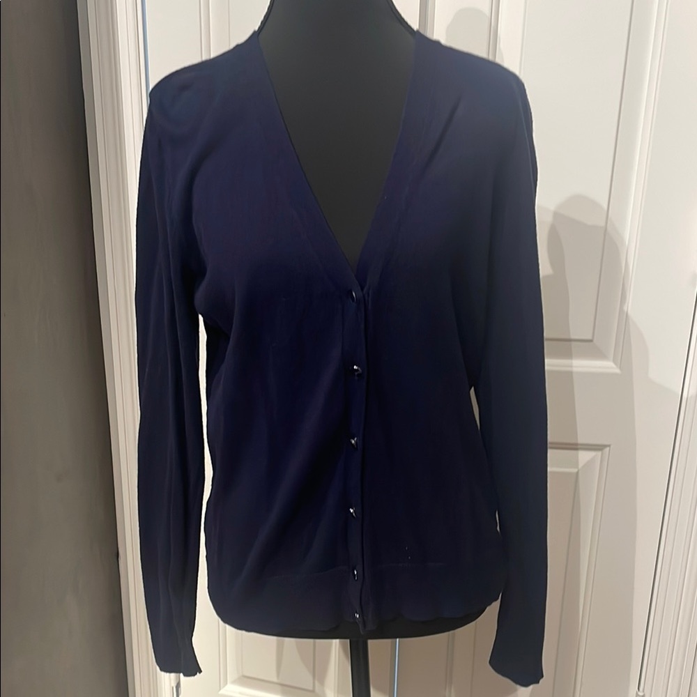 New York & Company Blue V-Neck Cardigan with Rhinestone Buttons (A)